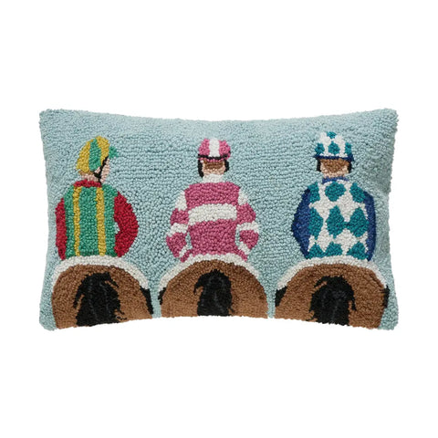 Jockeys on Horses Hooked Pillow